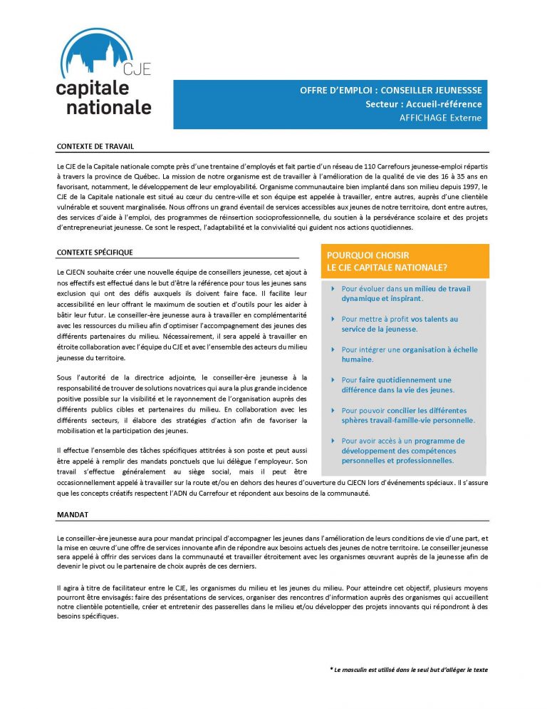 Conseiller(ère) jeunesse recherché(e) - CJE Capitale Nationale